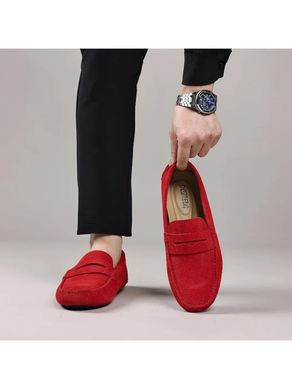 DCZTELG Men's Red Rubber Suede Penny Loafer Slip On Llightweight Casual Shoes